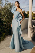 Vestido formal comprido azul-celeste com folhos e flores 3D