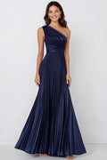 Vestido formal comprido de cetim azul-marinho com um ombro só e corte A plissado