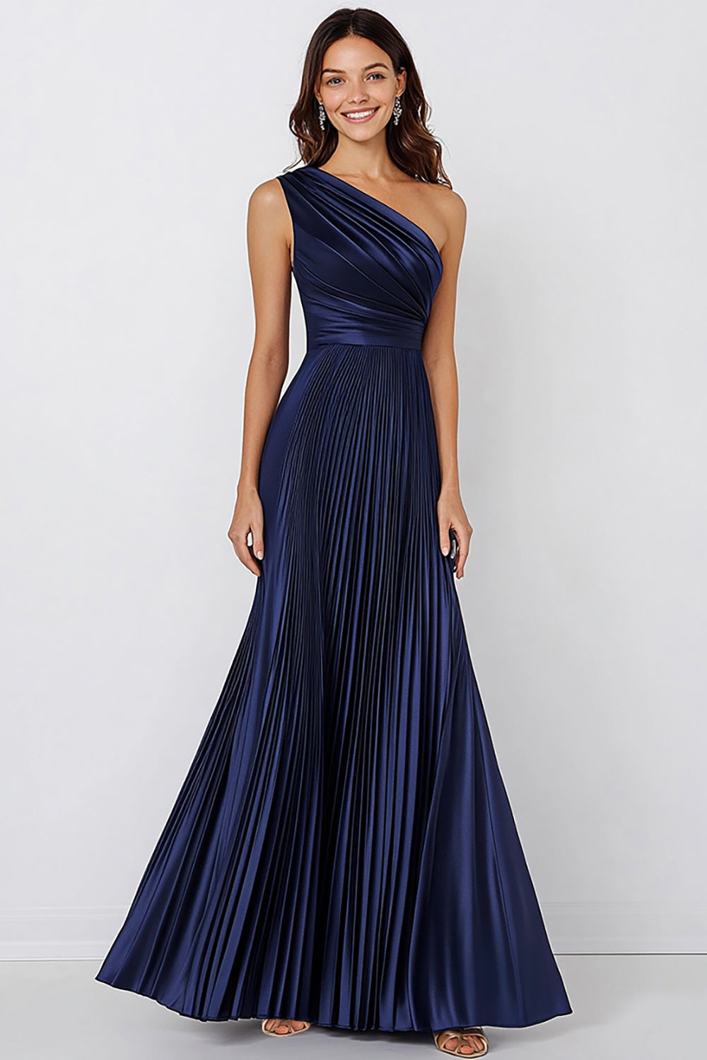 Marineblaues langes Abendkleid aus Satin in A-Linie mit One-Shoulder-Träger und Plissee