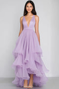 Robe de soirée asymétrique longue à étages en tulle lilas, coupe A