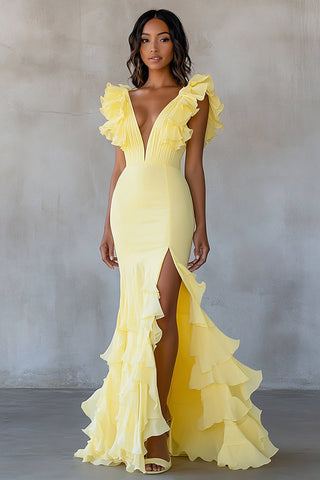 Gelbes, langes Meerjungfrauen-Kleid aus Chiffon mit Rüschen