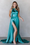 Robe de soirée longue sans manches fendue en satin bleu paon ligne A