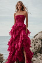 Fuchsia Tulle A Line Tiered Long Formal Dress with Ruffles