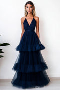 Vestido de cerimónia comprido em tule com decote em V profundo e decote em V azul-marinho