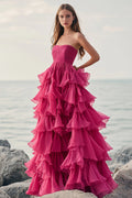 Fuchsiafarbenes, trägerloses, langes A-Linien-Ballkleid mit Rüschen