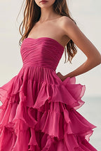 Fuchsia Strapless A Line Long Formal Dress with Ruffles