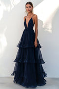 Abito lungo formale a scollo a V profondo in tulle blu marina con balze a linea A