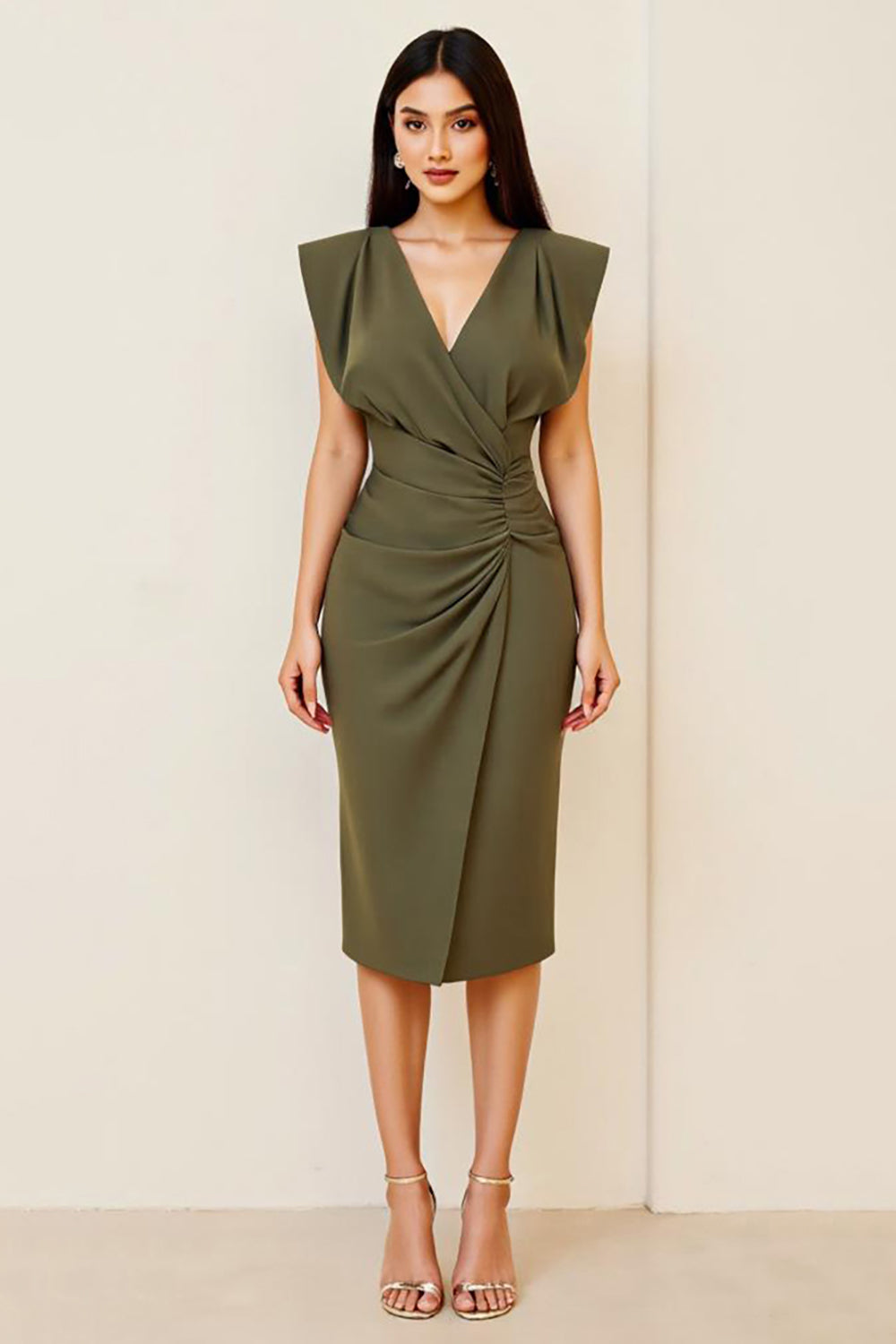 Olive Ruched Sheath Knee-Length Formal Dress with Cape Sleeves
