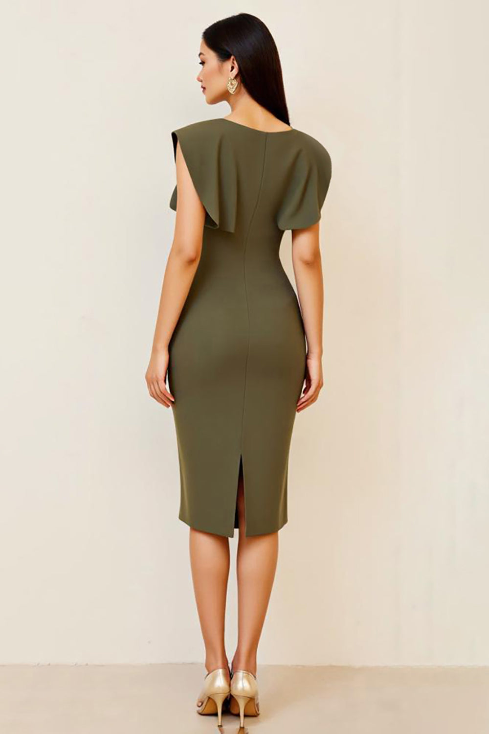 Olive Ruched Sheath Knee-Length Formal Dress with Cape Sleeves