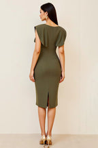 Olive Ruched Sheath Knee-Length Formal Dress with Cape Sleeves