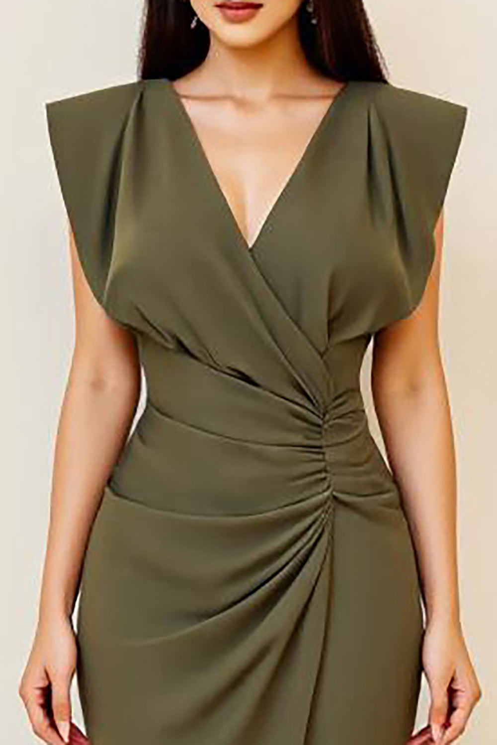 Olive Ruched Sheath Knee-Length Formal Dress with Cape Sleeves