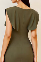 Olive Ruched Sheath Knee-Length Formal Dress with Cape Sleeves