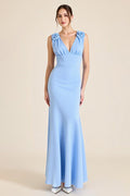 Vestido formal comprido azul-celeste com decote em V e flores 3D