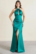 Grünes Satin-Etuikleid mit Schlüssellochausschnitt und Neckholder, lang, formelles Kleid mit Schlitz