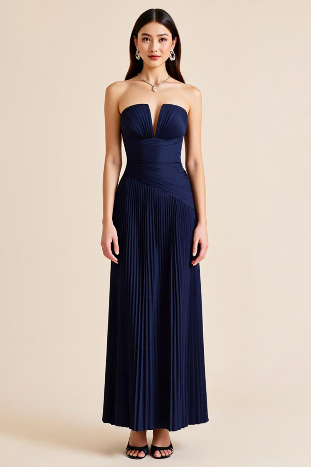 Navy Backless Sheath Strapless Long Formal Dress