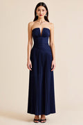 Marineblaues, rückenfreies, trägerloses, langes Abendkleid