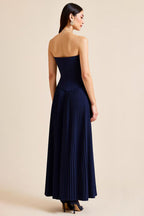 Navy Backless Sheath Strapless Long Formal Dress