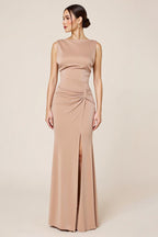 Neutral Satin Sheath Sleeveless Long Formal Dress with Slit