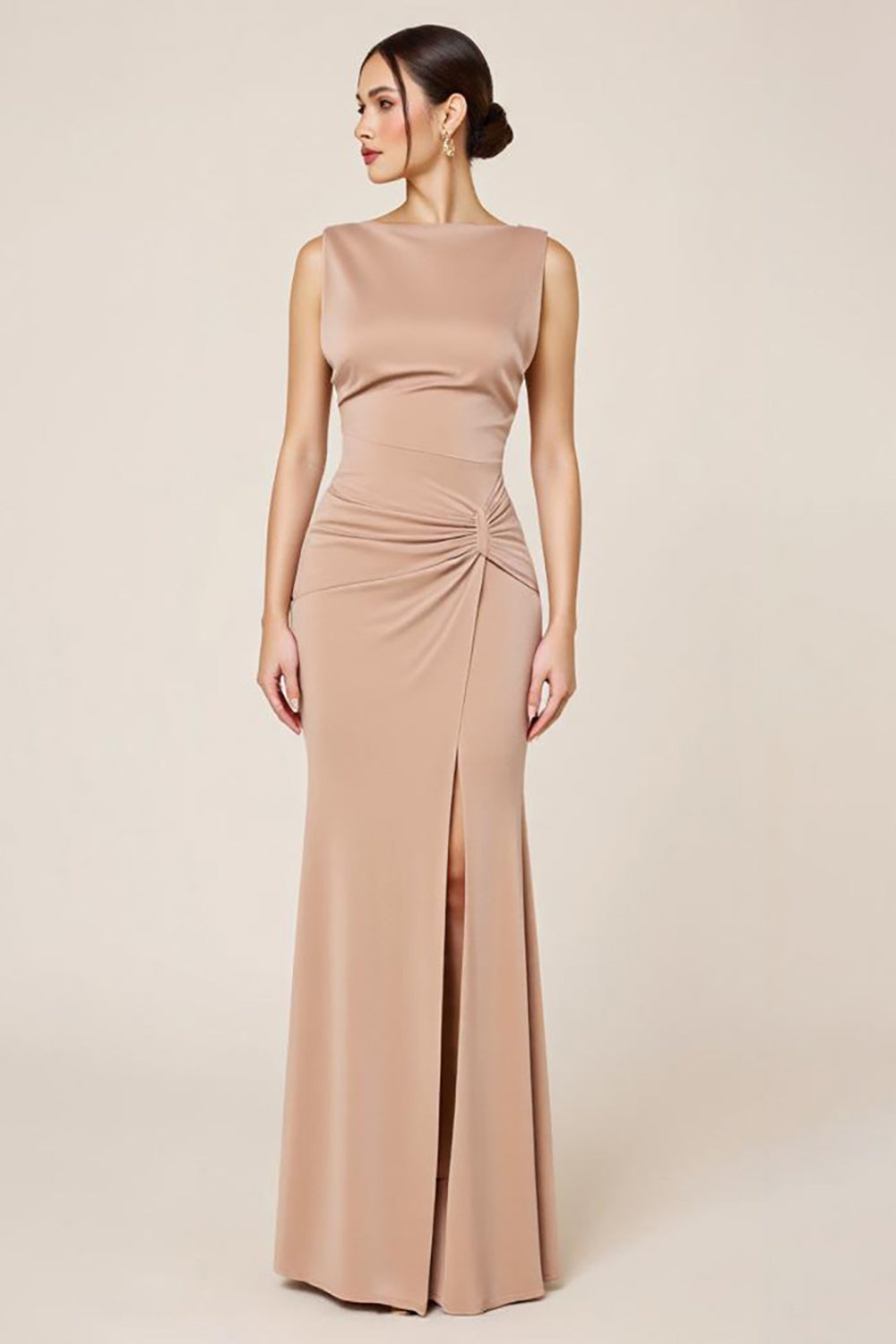 Neutral Satin Sheath Sleeveless Long Formal Dress with Slit