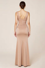 Neutral Satin Sheath Sleeveless Long Formal Dress with Slit