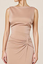 Neutral Satin Sheath Sleeveless Long Formal Dress with Slit