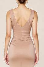 Neutral Satin Sheath Sleeveless Long Formal Dress with Slit