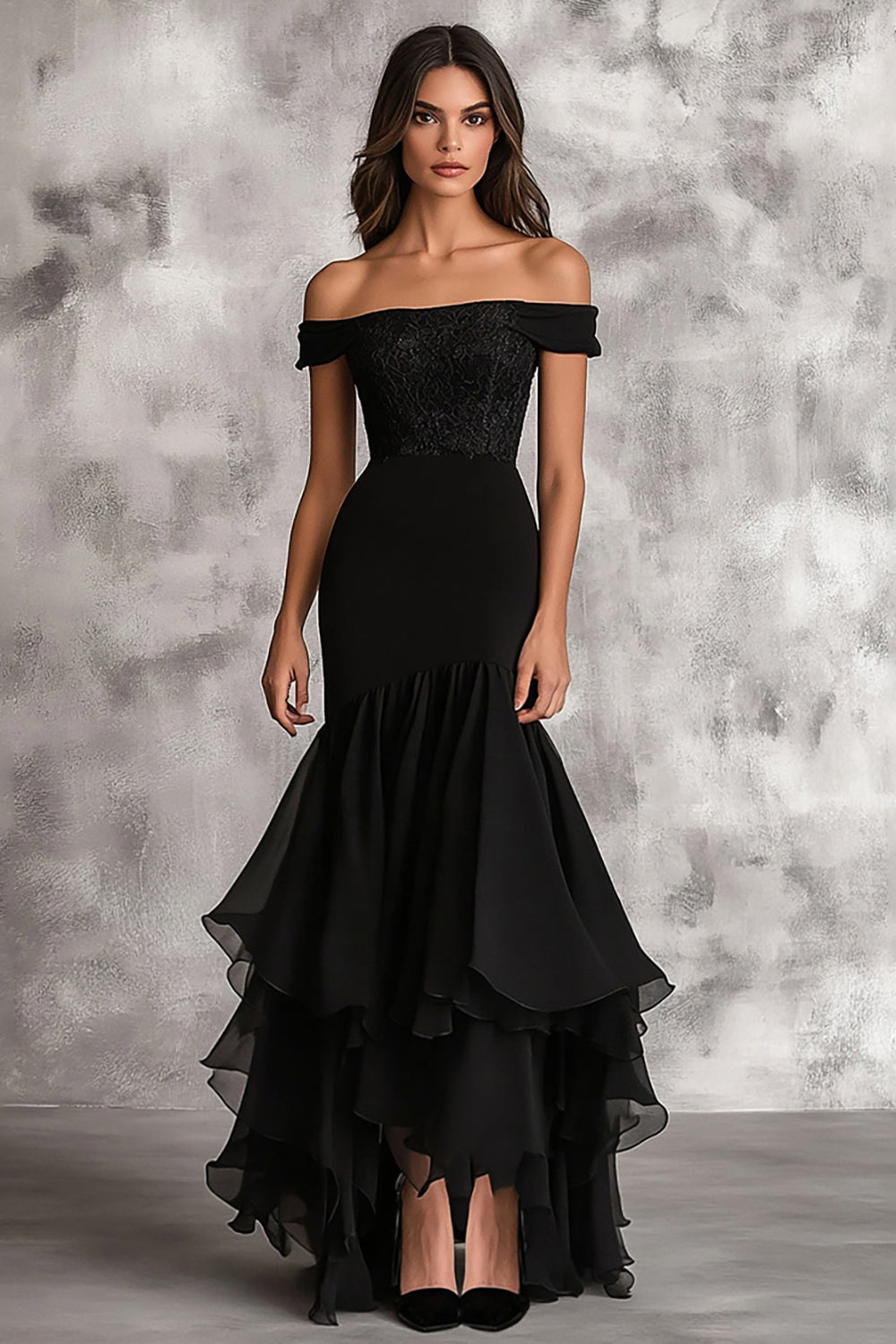 Black Mermaid Chiffon Off the Shoulder Long Formal Dress