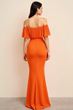 Orange Sheath Off the Shoulder Long Ruffles Formal Dress