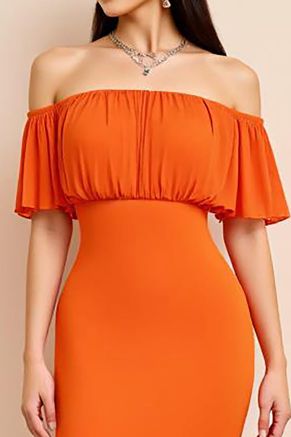 Orange Sheath Off the Shoulder Long Ruffles Formal Dress