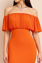 Orange Sheath Off the Shoulder Long Ruffles Formal Dress