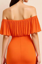 Orange Sheath Off the Shoulder Long Ruffles Formal Dress