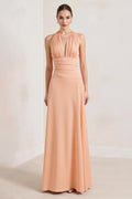 Pfirsichfarbenes A-Linien-Chiffon-Kleid mit tiefem V-Ausschnitt und Neckholder, lang