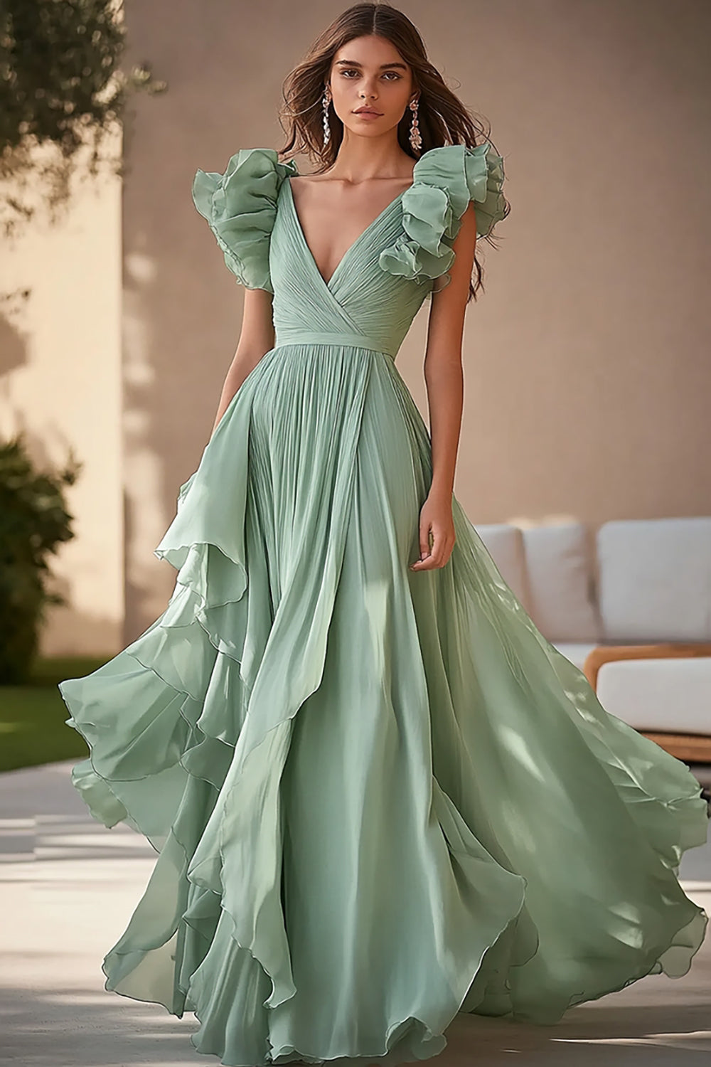 Vestido formal comprido em chiffon verde claro com folhos e camadas