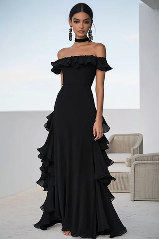 A-Linie, schulterfreies, langes, schwarzes Chiffon-Ballkleid