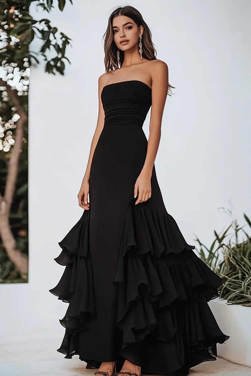Vestido comprido em chiffon com decote quadrado e corte A, preto, com laço