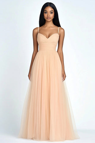 Peach A Line Sweetheart Long Tulle Wedding Guest Dress