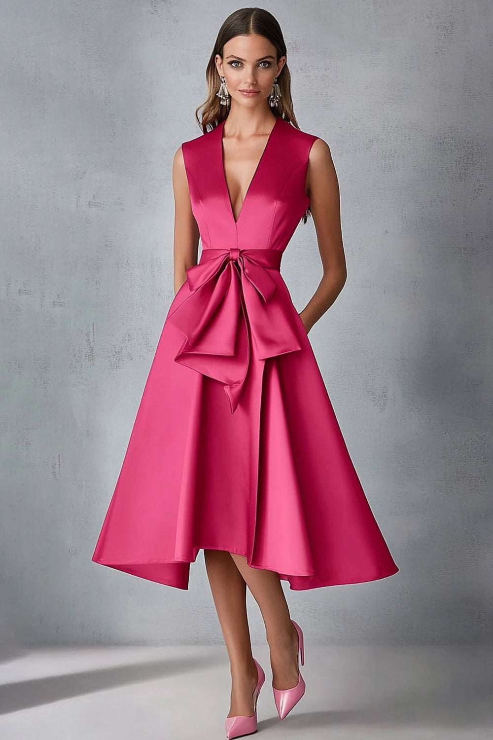 Fuchsia A Line Deep V-Neck Knee-Length Wedding Guest Dress with Bow