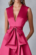 Fuchsia A Line Deep V-Neck Knee-Length Wedding Guest Dress with Bow