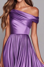 Lilac One Shoulder Long Satin Wedding Guest Dress with Pleated
