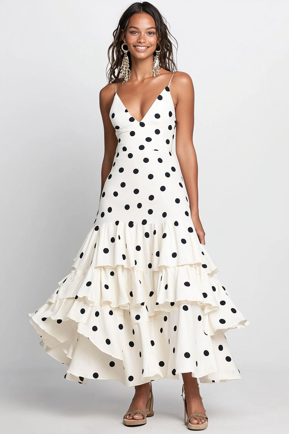 White A Line Black Dot Chiffon Tiered Long Wedding Guest Dress