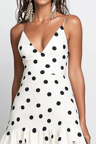 White A Line Black Dot Chiffon Tiered Long Wedding Guest Dress