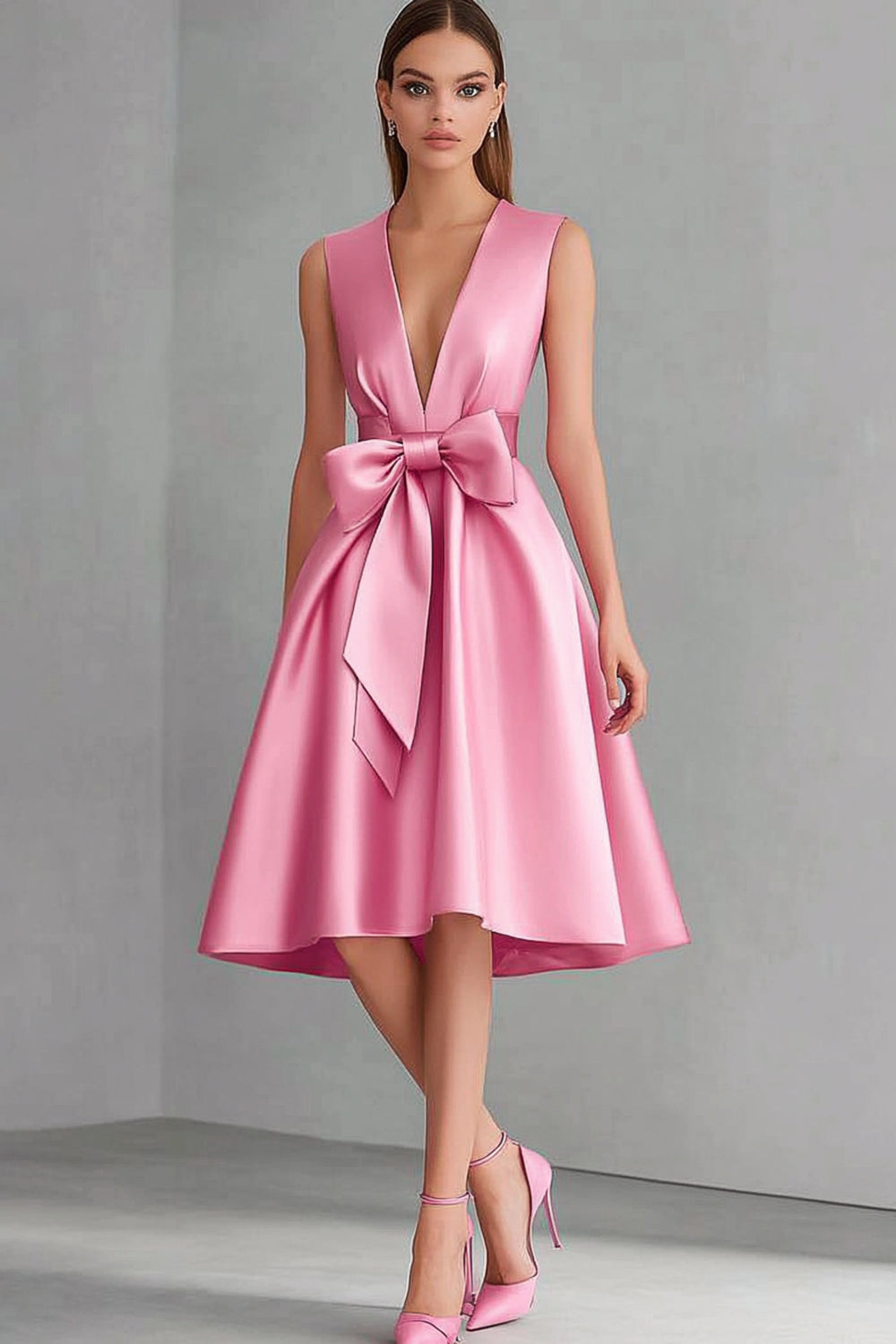 Vestido de noiva cor-de-rosa em cetim com corte A e comprimento até ao joelho, com laço
