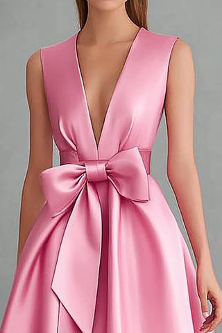 Pink A Line Satin Knee-Length Wedding Guest Dress with Bow
