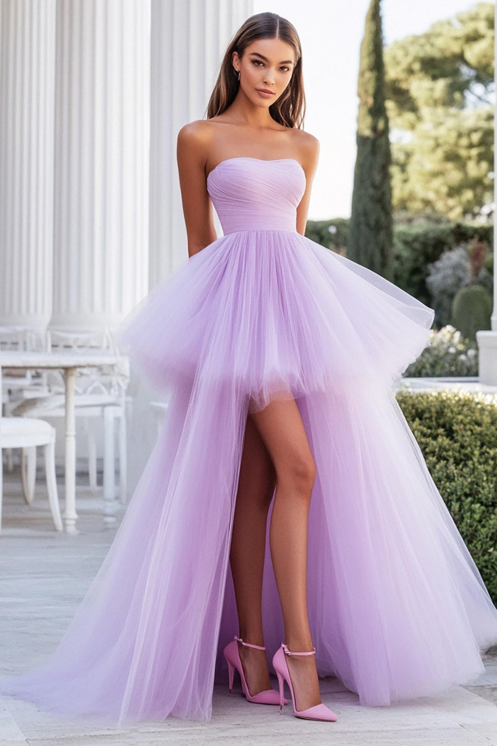 Lilac Tulle Strapless A Line High Low Wedding Guest Dress
