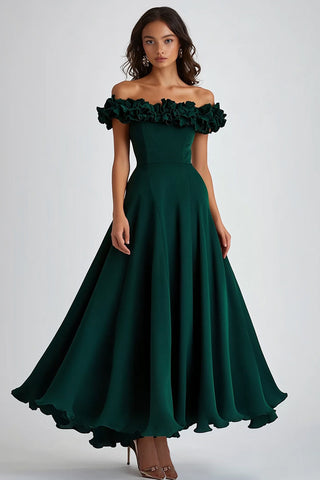 A-Linie, dunkelgrün, schulterfrei, langes Hochzeitsgastkleid