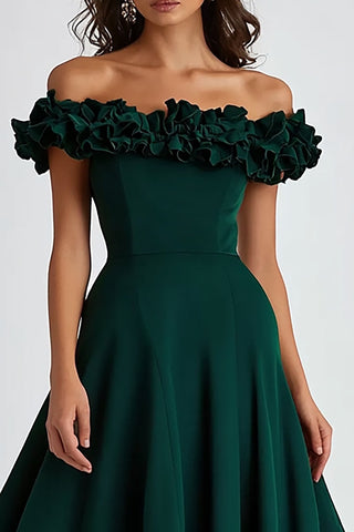 A-Linie, dunkelgrün, schulterfrei, langes Hochzeitsgastkleid