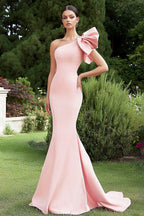 Meerjungfrau Rosa One-Shoulder Langes Satin Hochzeitsgastkleid mit Rüschen