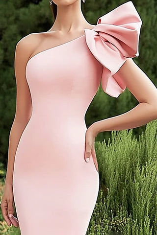 Mermaid Pink One Shoulder Long Satin Wedding Guest Dress with Ruffles