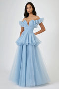 Robe de cocktail longue bleu ciel asymétrique à épaule dénudée avec volants