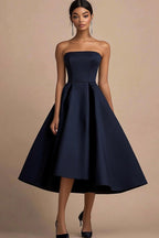Navy A Line Satin Square Neck Mid-Calf Wedding Guest Dress